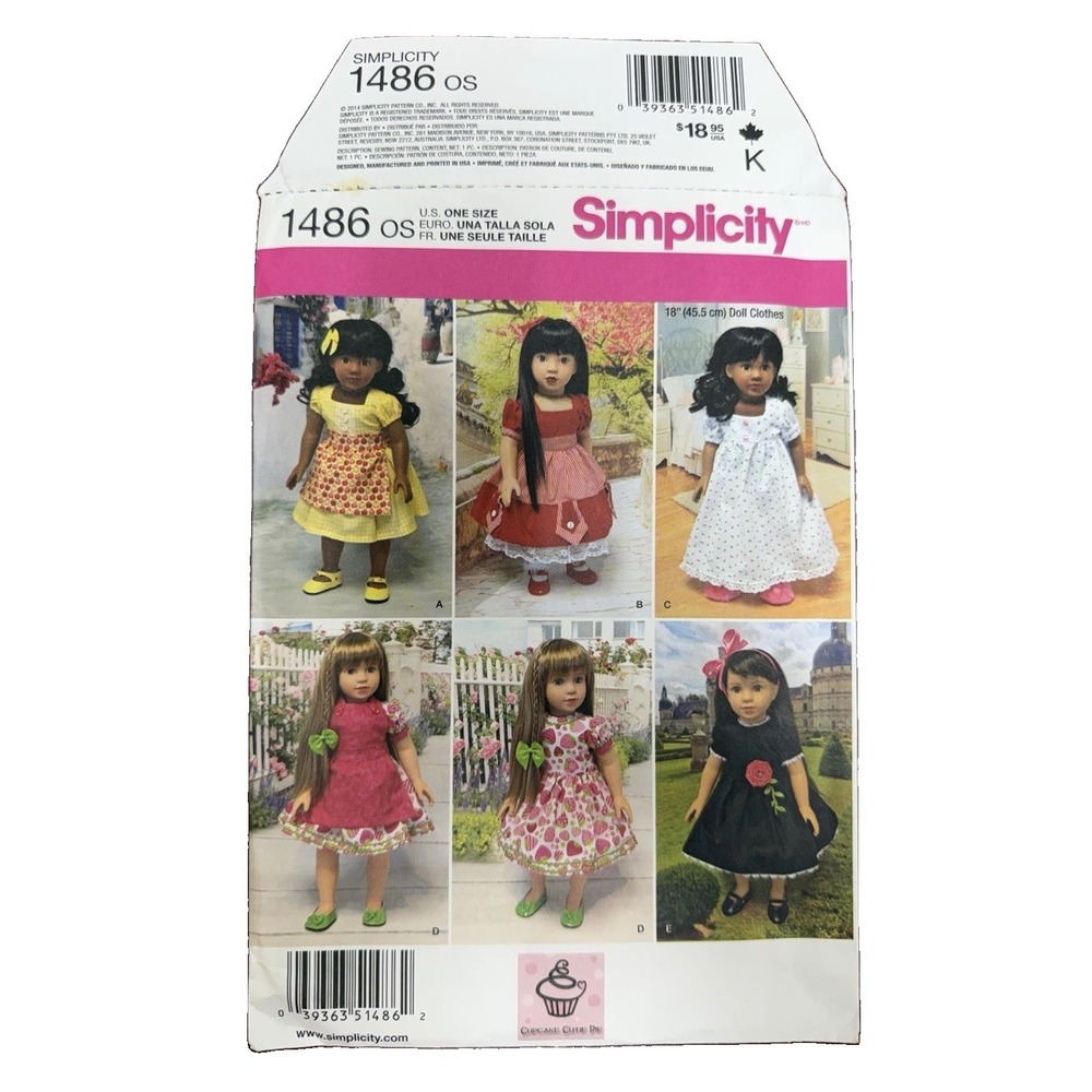 Simplicity 1486 18" Doll Clothes Sewing Pattern UNCUT Dresses Cupcake Cutie Pie